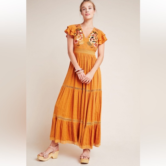 Maeve Dresses & Skirts - Maeve Anthropologie Sunshine Tiered Maxi Dress Floral Embroidered Marigold Sz 6